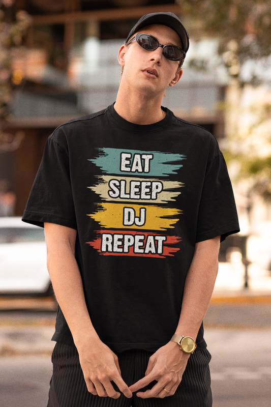"EAT-SLEEP-DJ REPEAT" - 2 - Farben - Motiv-Shirt  - T-Shirt Kurzarm Premium 190g bis 5XL Print-4-DJs
